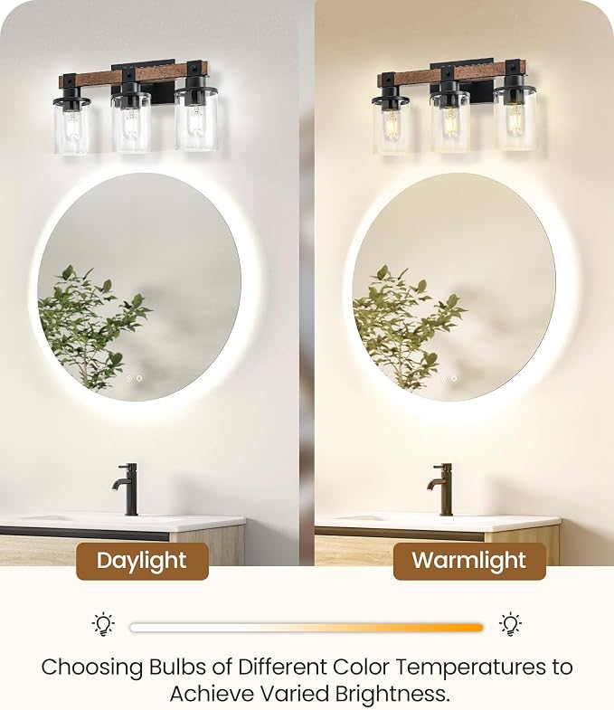 3-Light Bathroom Light Fixture, Farmhouse Vanity Lights for Bathroom with Glass Shade, Rustic Bathroom Light Fixtures, E26 Base F08BD05