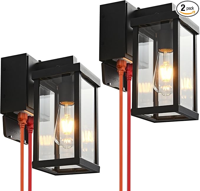 Porch Lights with GFCI Outlets Dusk to Dawn Outdoor Wall Lights Waterproof Exterior Lighting Fixtures Modern Outside Lights Wall Mount for House Patio Garage,Black,11.8''H, 2 PC