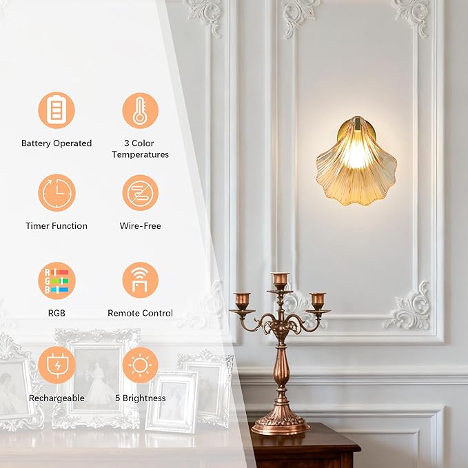Vintage Battery Operated Wall Sconces with Remote, Amber Rechargeable Wireless Wall Sconces with Magnetic LED Bulbs, Indoor Shell Shaped Wall Lights for Living Room, Bedroom, Doorway, Set of 2