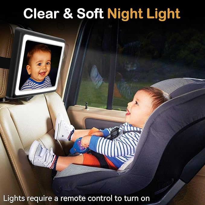Baby Car Mirror with Light - Remote Control, 360° Adjustable, Shatter Resistant Car Seat Mirror - Clear Night Vision, Easy Installation for Rear Facing Infants