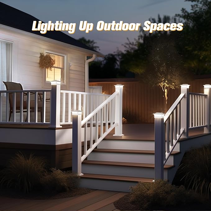 Solar Fence Post Lights 6pack, Cap Lights for 4x4/5x5 Vinyl Fence and 4x4/6x6 Wooden Post, Warm White/Cool White Lighting, White Solar Cap Outdoor Waterproof Decorate Garden Pathway Deck Patio