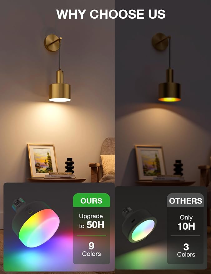 Battery Operated Wall Sconce Set of 2, Gold Wireless Rechargeable Wall Lights with 5200mAh Dimmable Detachable Bulbs and Remote, 9 Colors Sconces Wall Decor for Bedroom Living Room Hallway