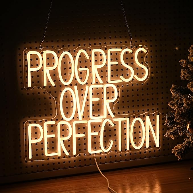 Progress Over Perfection Neon Sign for Wall Decor Dimmable Warm White Words Led Light Up Sign USB Powered LED Letters Neon Light for Classroom Bedroom Library Study Room(16.5 * 12.6In)