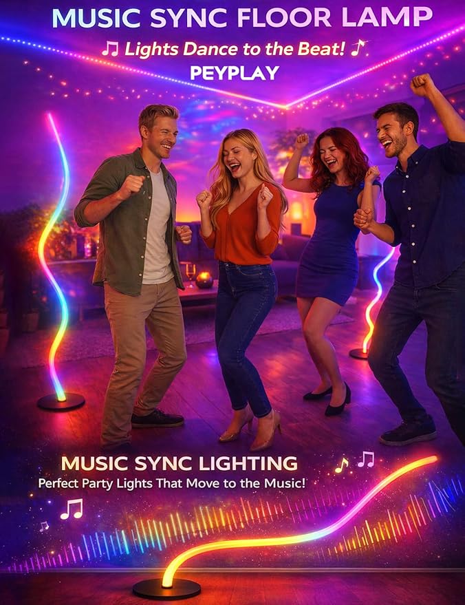 RGB LED Corner Floor Lamp, Smart Adjustable Shape, Music Sync, 16 Million DIY Colors, Remote & App Control, Modern Standing Light for Bedroom Living Room (Circular Base)