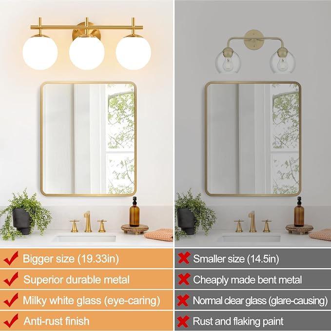 3-Light Bathroom Light Fixtures, Brushed Gold Vanity Lights for Bathroom with Milky White Glass Globe Shade, 19.3 inch Bathroom Lighting Fixtures Over Mirror, Wall Sconce for Bedroom(Bulb Not Included