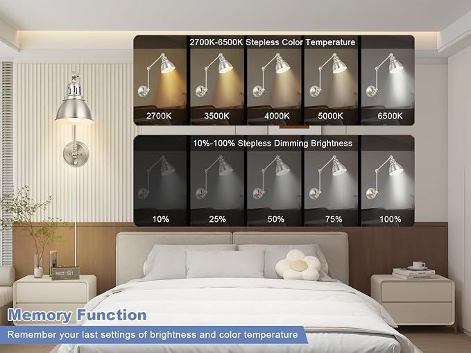 GOODATE 1 Pack Plug in Wall Sconce with Remote, Dimmable, Adjustable Colors, Swing Arm Wall Lamp, Plug in Wall Light with Timer & Night Light (Brushed Nickel, with Bulb+Remote)