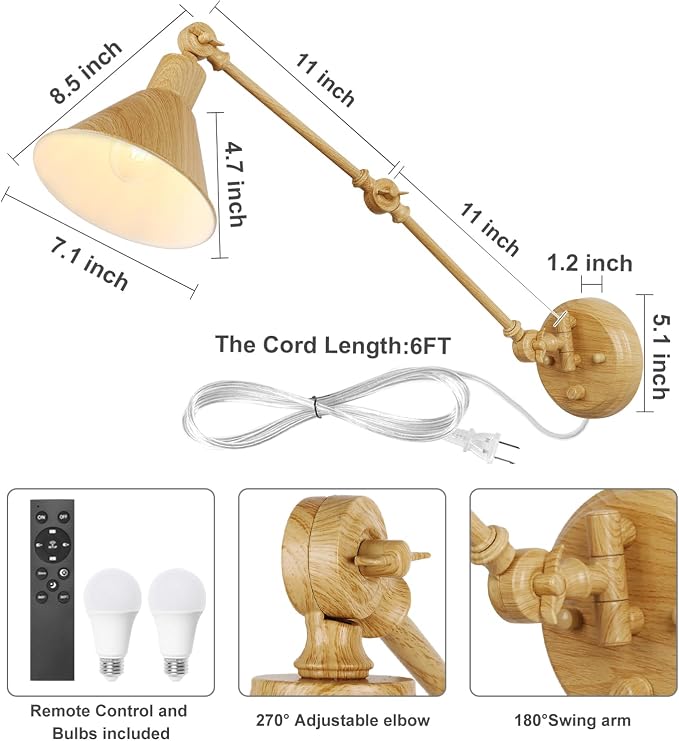 TRLIFE Dimmable Wall Sconce, Remote Control Plug in Wall Sconce Dimming 10%-100% and Adjustable Color Temperature 2700K-6000K, Swing Arm Wall Lights with Plug in Cord, UL Listed(2 Pack, Oak Color)