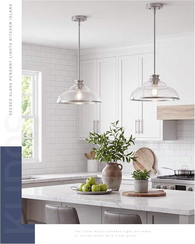 kudos 14" Brushed Nickel Seeded Glass Pendant Light, KDPL14-BN-M | E26 Bulb Base, Hardwired, Farmhouse Styling, Adjustable Hanging Rods for Flat or Sloped Ceilings, for Kitchen Bars