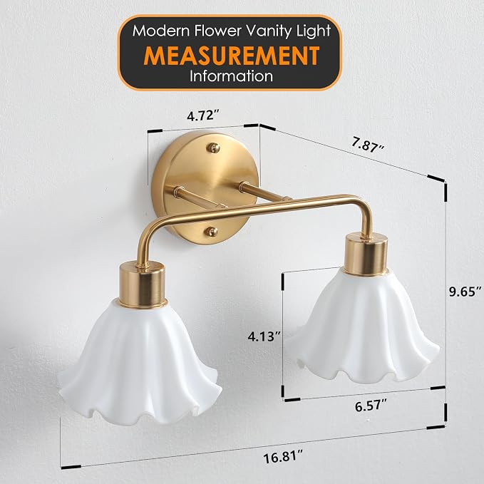 2 Light Gold Brass Bathroom Light Fixture,Brush Gold Vanity Lighting Over Mirror,Cute White Glass Flower Lampshade,Wall Sconces,E26 Socket(Bulbs Not Included)