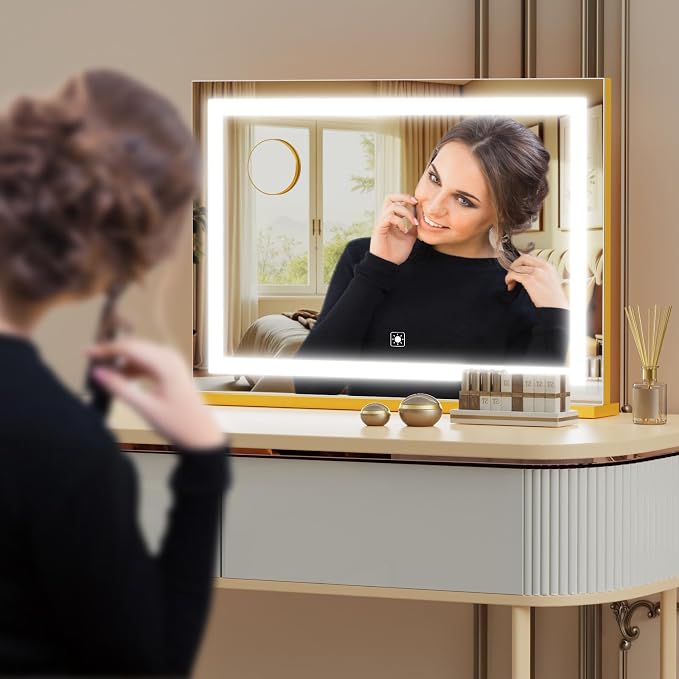Gvnkvn Makeup Vanity Mirror with USB Charging Port 19" L x 24" W LED Makeup Mirror, Desk Mirorr with Lights, Light up Mirror with 10X Magnification and, Dimmable 3 Modes, Touch Control Gold