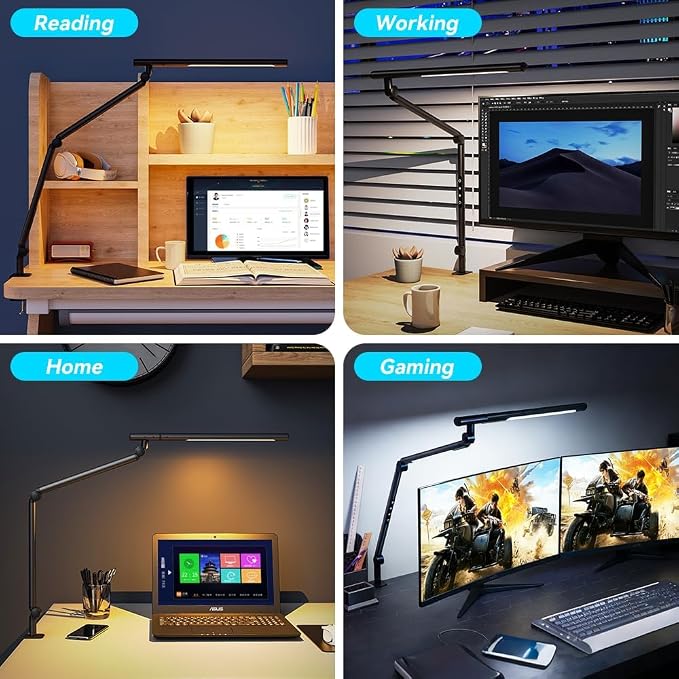Adjustable LED Desk Lamp Modern Black - Clamp Mount Office Table Light with Desktop Remote Control, Adjustable Brightness & Color Temperature, 5 Lighting Modes for Reading, Computer, DIY
