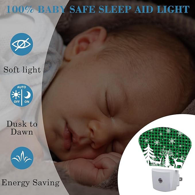 Christmas Snowflake Night Light, Christmas Green Plaid Nightlight Plug into Wall with Dusk to Dawn Sensor for Kid Girls Boys Women Men Bedroom, Hallway, Kitchen, Bathroom, Stairs Decor