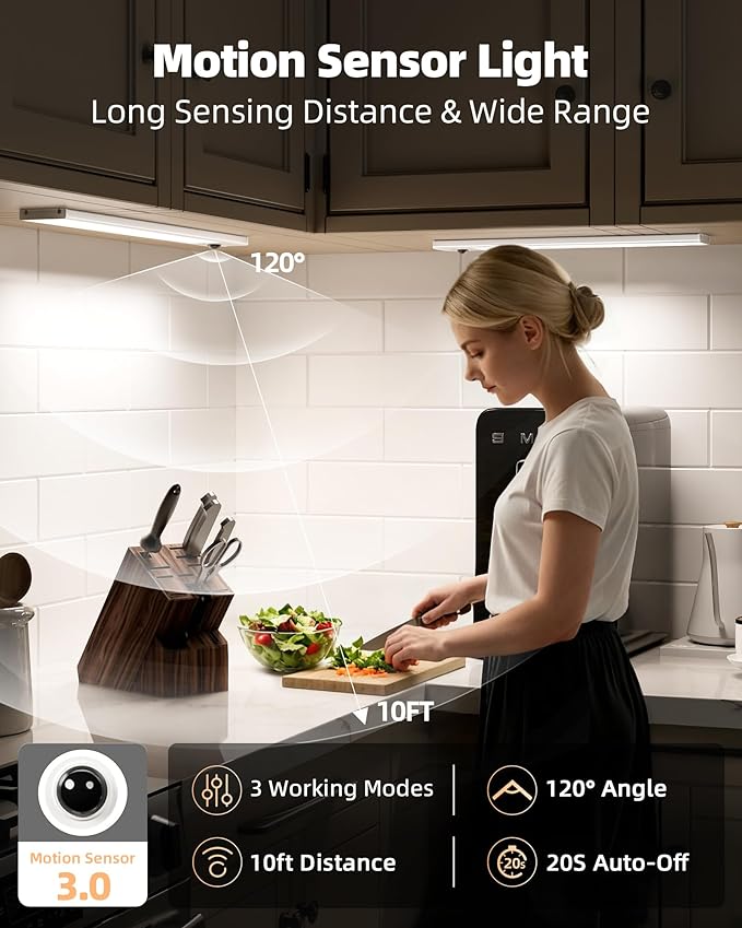 EZVALO 12inch Under Cabinet Lighting Wireless with Battery Indicator, 2500mAh Rechargeable Motion Sensor Light Indoor, 96 LED Under Counter Lights for Kitchen Closet, 3 Color Temps, Dimmable, 6 Pack