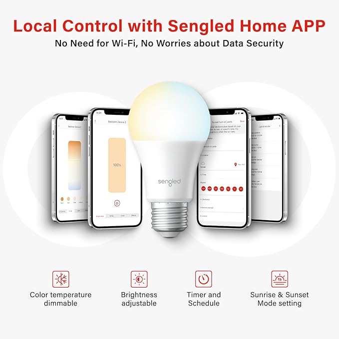 Sengled Dual Mode Smart Light Bulbs with Remote & App Control, LED Bulbs 2700K-6500K Dimmable, Remote Control Light Bulbs 60W Equiv, Local Group Control (4P No Remote, No Support Alexa & Google)