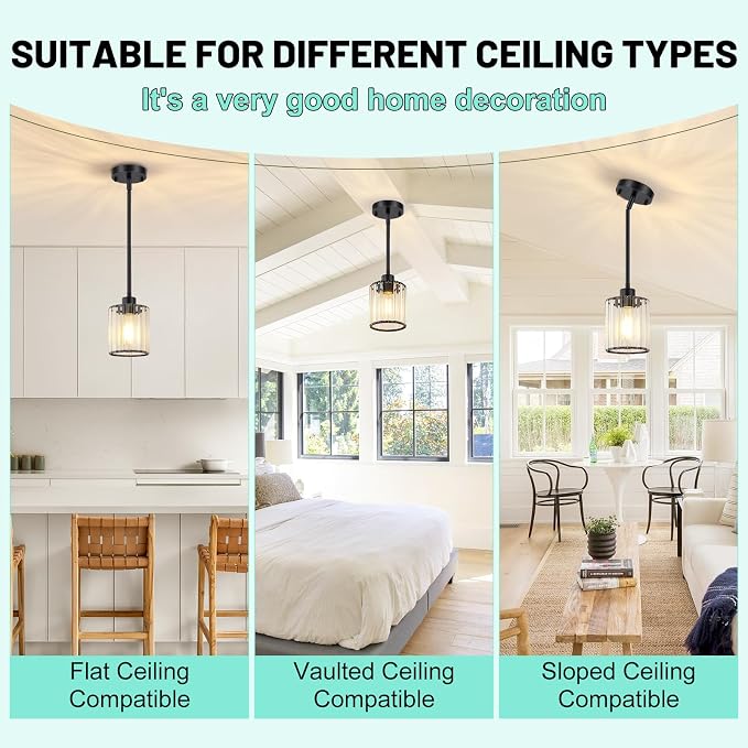 2 Pack Black Pendant Lighting, Adjustable Kitchen Pendant Lighting Over Island with Crystal Shade, Modern 1-Light Mini Hanging Ceiling Light Fixtures for Hallway Bathroom Foyer