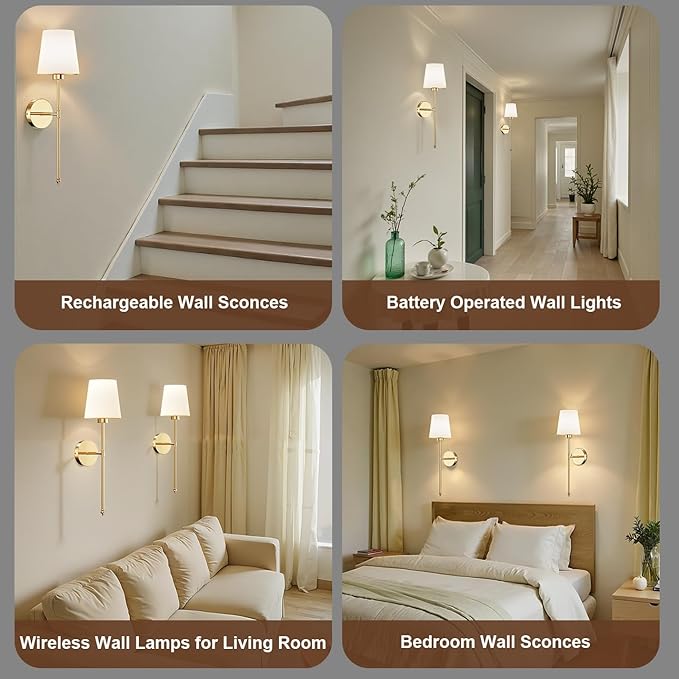 IRONPAX Wall Sconces Battery Operated Set of 2, Wireless Rechargeable Wall Sconce Set of Two, Dimmable Wall Lights with Remote for Bedroom Living Room Hallway Decor (Gold, Fabric Shade)