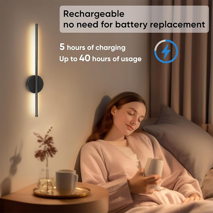Battery Operated Wall Sconces Set of Two, Wireless Wall Sconces 24 Inch | Rechargeable, Remote Control, Dimmable, Cordless Wall Light Decor for Living Room, Bathroom, Hallway, Timing, Black