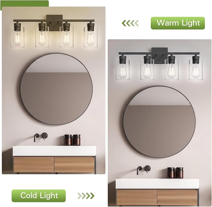4 Light Bathroom Vanity Light - Matte Black Bathroom Light Fixtures UL Certification, Round Light Fixture Over Mirror, Farmhouse Light Fixtures for Bathroom & Bedroom