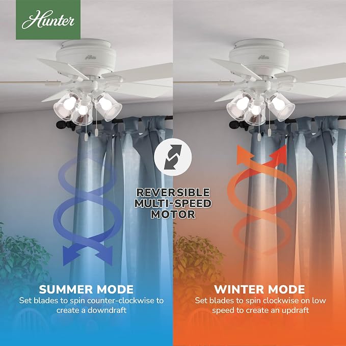Hunter Crestfield, Indoor, Ceiling Fan, Quiet, 42 inch, Fresh White | with LED Lights and Pull Chain, Low Profile Flush Mount, 5 Blades, For Bedroom, Living Room, Kitchen, 52152