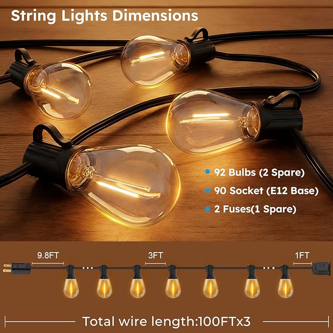 GvvooHome LED Outdoor String Lights, 300FT Waterproof Patio Lights with 92 Shatterproof S11 Plastic Bulbs, 2700K Warm White Edison Hanging Lights for Backyard, Garden, Porch, Bistro