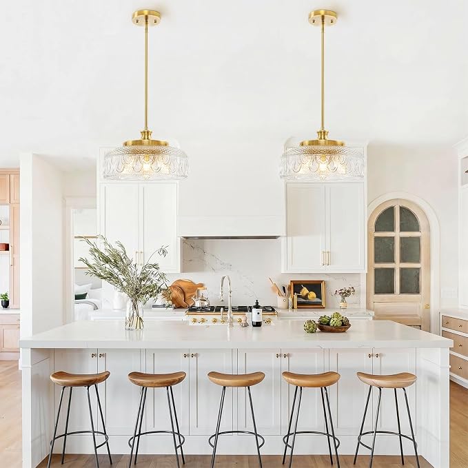 Lamomo 3-Light Adjustable Pendant Lights Kitchen Island, 12in Brushed Gold | Modern Clear Glass Ceiling Mount Hanging Lighting Fixture, Vintage Brass Drop Lights for Bathroom Hallway Bedroom Dining Room