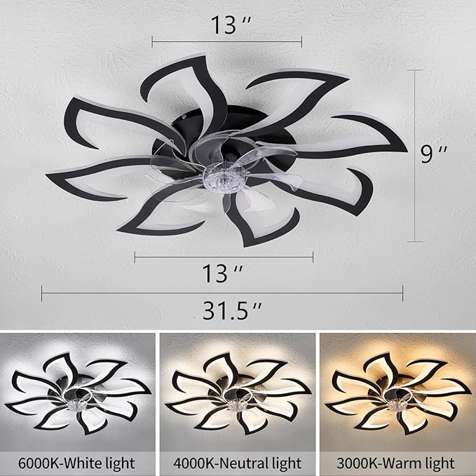 Modern Ceiling Fan with Lights and Remote Control, 32" Black Flush Mount Fan with 3 Light Colors, 6 Speeds, Low Profile for Kitchen and Bedroom