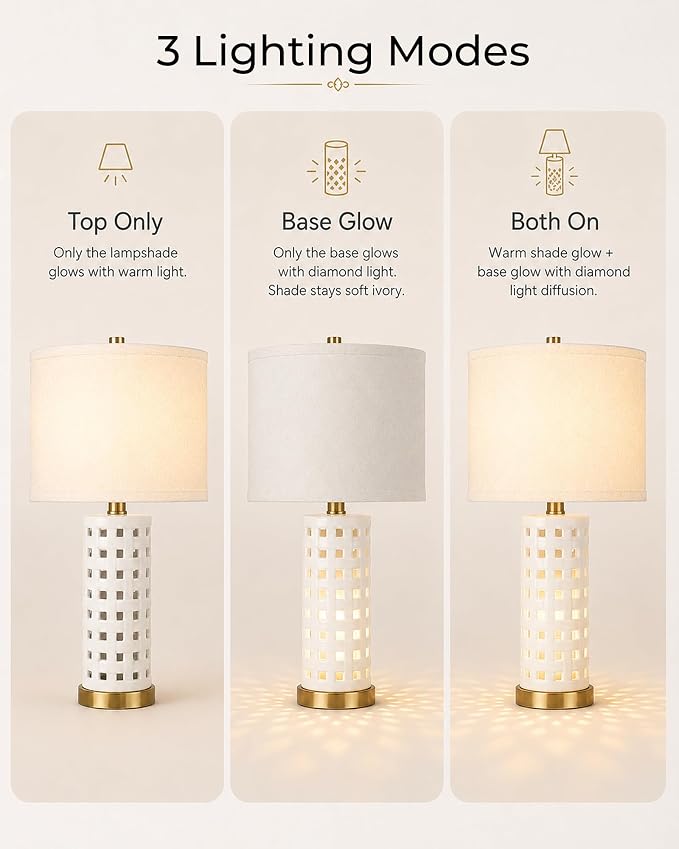 Alethiea 21" Ceramic Table Lamp with Dual Lighting, Hollow Square Base with Built-in Ambient Light, Farmhouse Bedside Nightstand Lamp with Fabric Shade for Bedroom Living Room