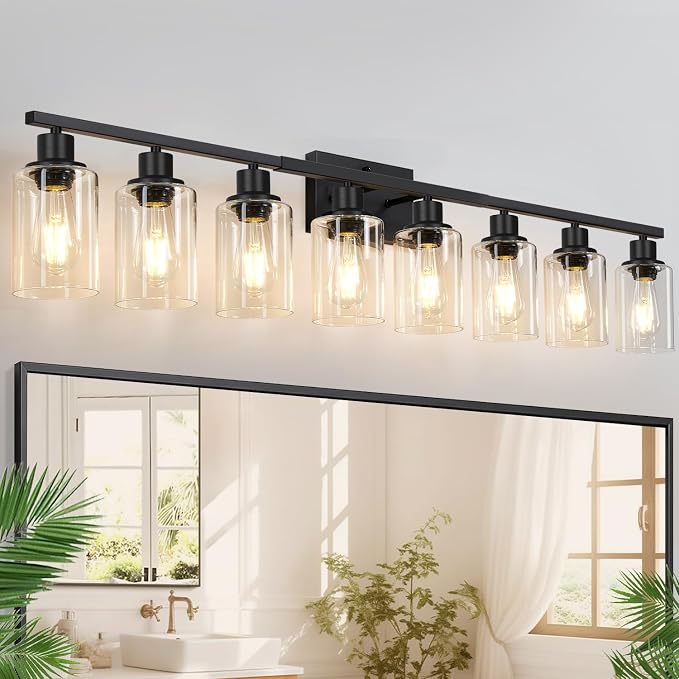 Indoi 8-Light Bathroom Light Fixtures, Matte Black Modern Vanity Lights with Clear Glass Shades, Bathroom Wall Lamp for Mirror Living Room Cabinet Bedroom Porch