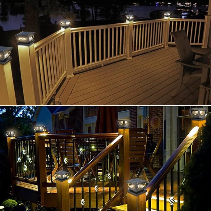 Sumaote Solar Post Cap Lights, 120 Lumen 3000K Warm White LED for 3x3 Metal/Vinyl & 4x4 Wood Posts, IP65 Waterproof Outdoor Garden Fence Deck Lighting, Dusk-to-Dawn Auto On/Off (4 Pack)