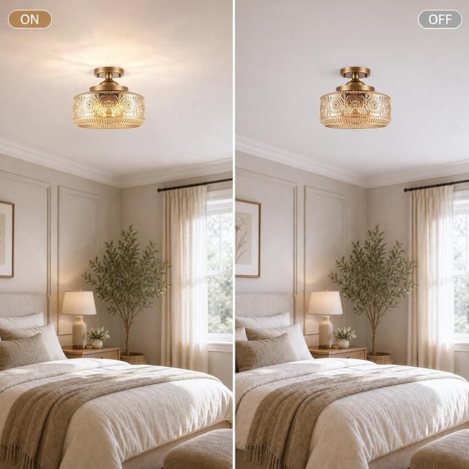 3-Light Semi Flush Mount Ceiling Light, Brushed Antique Brass Vintage Ceiling Light Fixture, Hallway Lighting Fixture with Amber Glass, 12In Bedroom Ceiling Mount Light for Kitchen Bathroom, E12*3