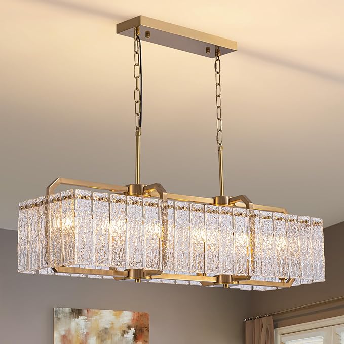 CROSSIO Gold Crystal Rectangle Chandelier, 40inch Large Rectangular Water Ripple Glass Island Light Fixture, Elegant Linear Lighting for Kitchen Island, Living Room