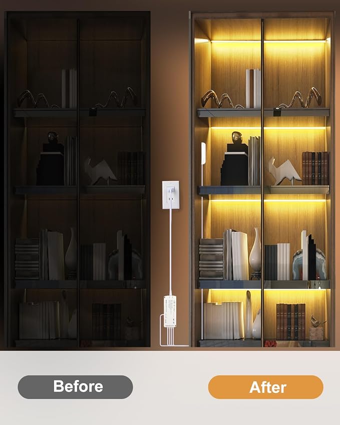 JUSJUBR LED Shelf Lights, 16.4ft 12V Dimmable Cuttable COB LED Strip Lights, Warm White 3000K, Under Shelf Lighting for Bookshelf, Display Cabinet, Closet, Kitchen and Pantry