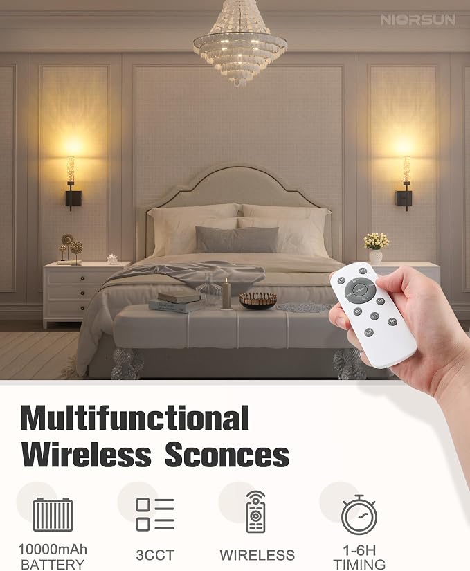 Crystal-Inspired Bubble Wireless Wall Sconces, 10000mAh Battery Operated Wall Sconces Set of 2, 3 Color Temps Rechargeable Wall Lights with Remote, Dimmable Wall Lamp for Living Room Bedroom