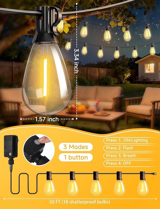 Likesky 50FT LED Outdoor String Lighats with Remote Waterproof Patio Lights with Shatterproof S11 Bulbs, Dimmable Outside Hanging Light Connectable for Porch Backyard Yard Garden Decor 2700K