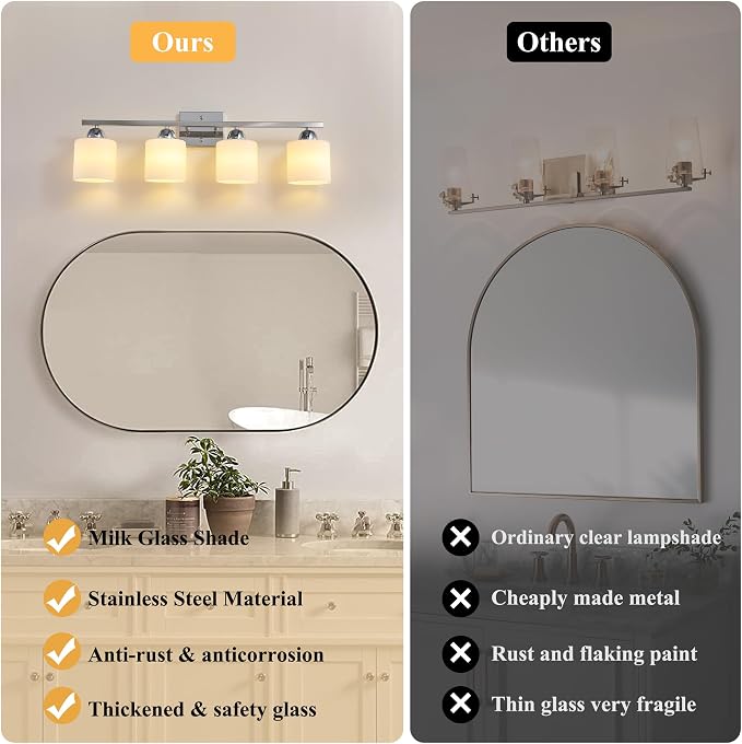 Mecgirn Stainless Steel Milk Glass Vanity Lights for Bathroom, 4 Light Chrome Bathroom Light Fixtures Over Mirror, Ceramic E26 Sockets Wall Mounted