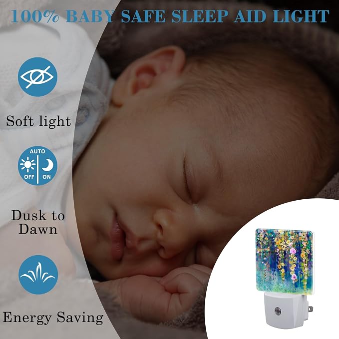 Abstract Ivy Flowers Watercolor Painting Night Light Plug into Wall with Dusk to Dawn Sensor Cute Nightlight for Kid Girls Boys Women Room Decor, Hallway, Kitchen, Bathroom, Nursery, Stairs