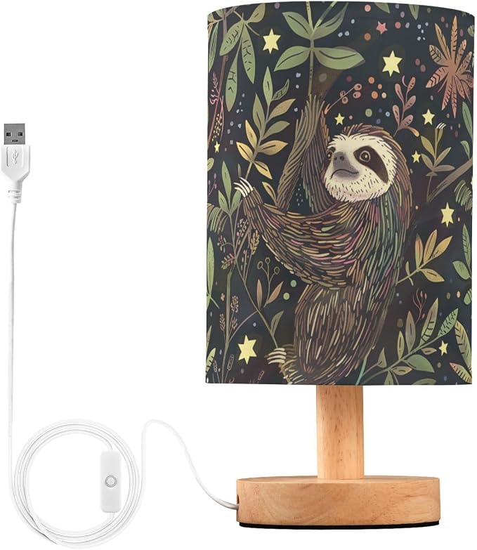 Sloth Plants Leaves Green and Black Bedside Table Lamps with USB Port for Bedroom Lamp Accent Table Lamp Small Nightstand Lamp Sturdy Linen Shade Wooden Decorative Lamps for Kids|Reading|Dorm|Home