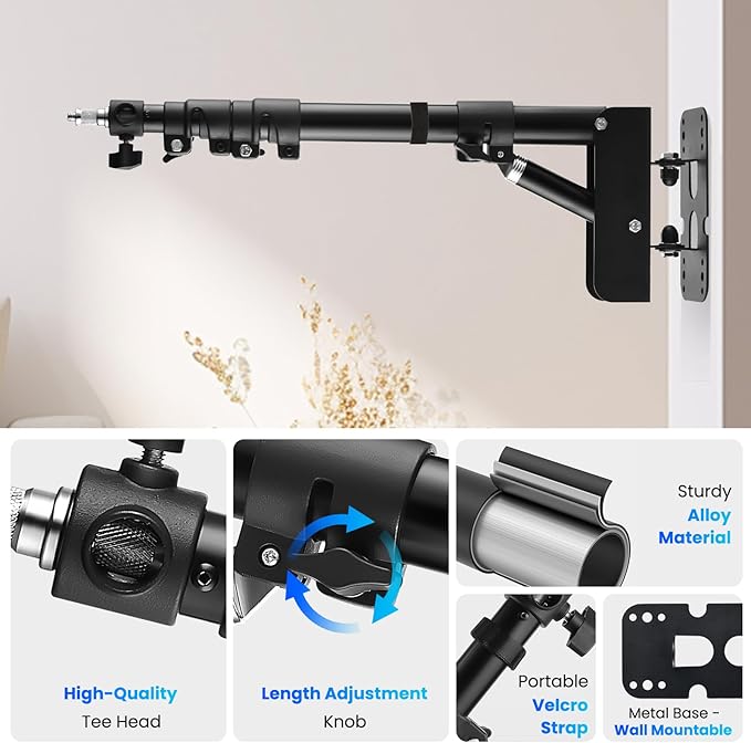 Ring Light Wall Mount with 45.7" Adjustable Boom Arm - Professional 360° Rotation Studio Photography Light Stand - 12lb/5.4kg Load Capacity for Salons, Makeup, Photography and Video Recording
