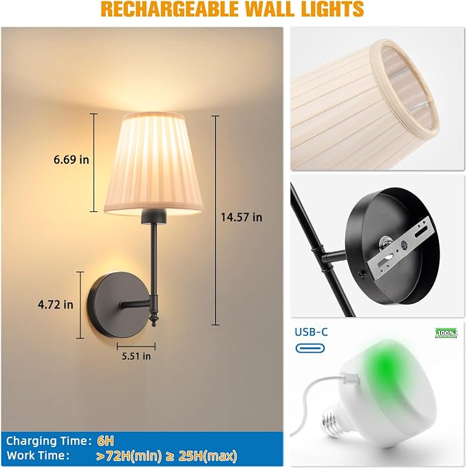 14.5 inch Battery Operated Wall Sconce Set of 2,Beige-Black Rechargeable Wall Lights with 10400mAh Dimmable Bulbs and Remote, 9 Colors Wireless Wall Lamps for Bedroom Living Room