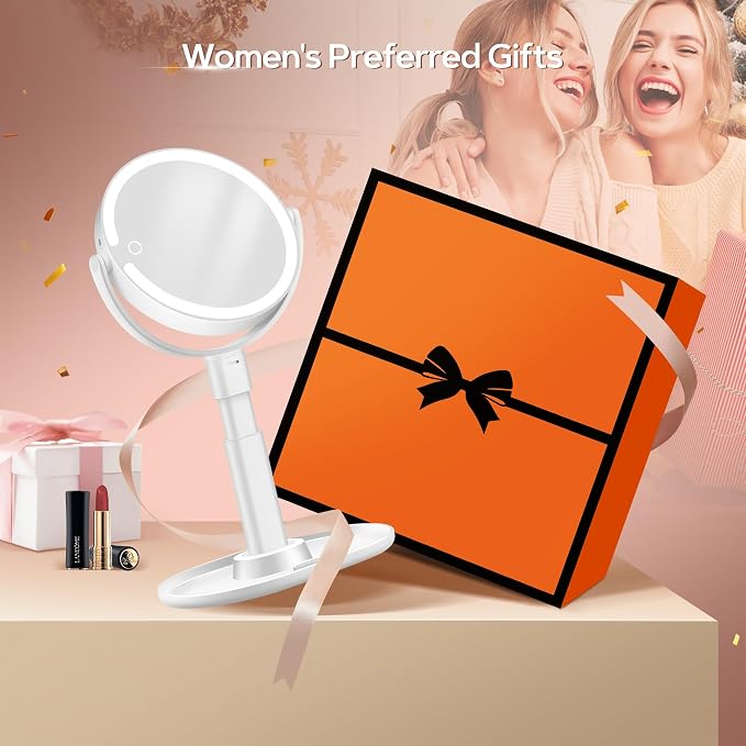 Vanity Mirror with Lights, 30X Magnifying Makeup Mirror with 3 Lighting and Adjustable Brightness, Rechargeable 2-Sided Height Adjustable Desk Mirror for Bathroom, Women Gifts for Mom