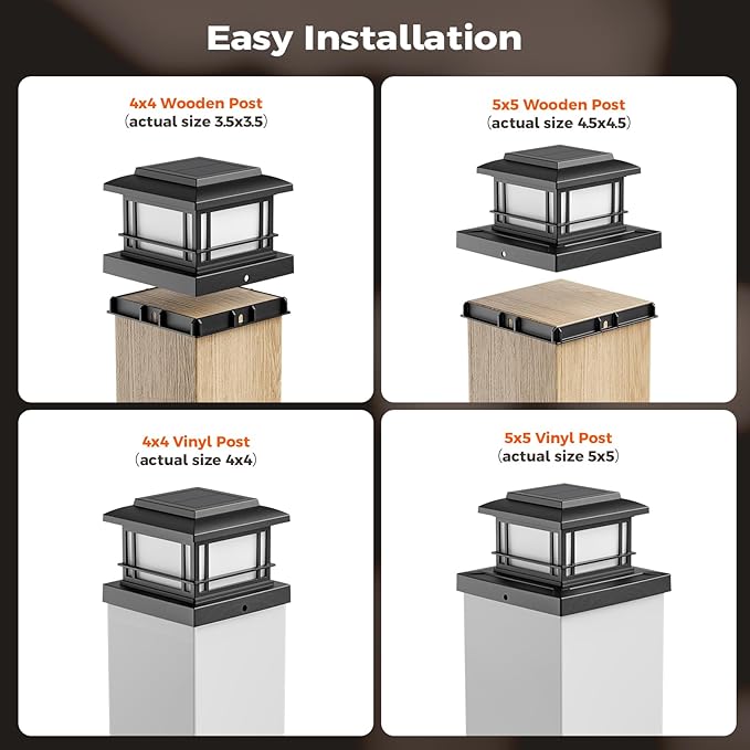 JOFIOS Flickering Flame Solar Post Cap Lights Outdoor, Black Post Lights with 3 Color Temperature, Fits 3.5" 4" 4.5" 5" Wood/Vinyl Posts, IP64 Waterproof Fence Deck Lights for Garden Patio Yard 4 Pack