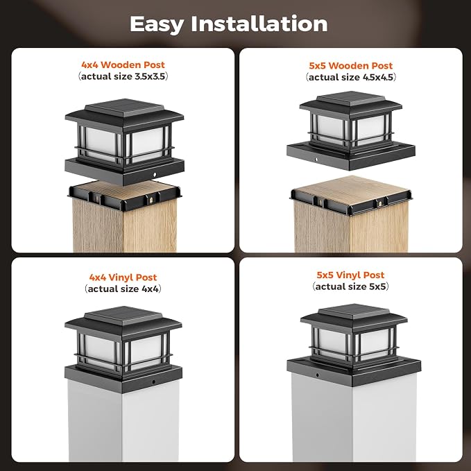 JOFIOS Flickering Flame Solar Post Cap Lights Outdoor, Black Post Lights with 3 Color Temperature, Fits 3.5" 4" 4.5" 5" Wood/Vinyl Posts, IP64 Waterproof Fence Deck Lights for Garden Patio Yard 8 Pack