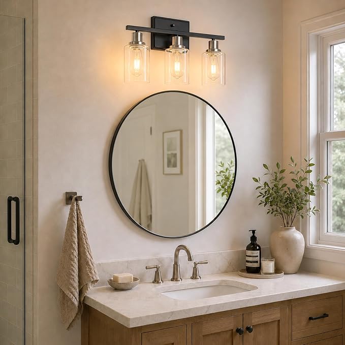 Ascher Bathroom Vanity Light Fixtures, 3 Light Wall Sconces Lighting with Clear Glass Shade, Black and Brushed Nickel Wall Lights for Mirror, Kitchen, Living Room, E26 Base (Bulbs Not Included)
