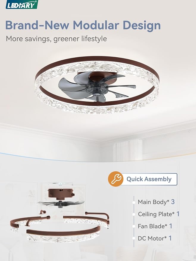 LEDIARY 20" Modern Ceiling Fans with Lights and Remote, Dimmable Low Profile Ceiling Fan, Flush Mount Ceiling Fan, Stepless Color Temperature Change and 6 Speeds - Brown | Fandelier, Dimmable Low Profile, Flush Mount, Stepless Color Temperature Change,...