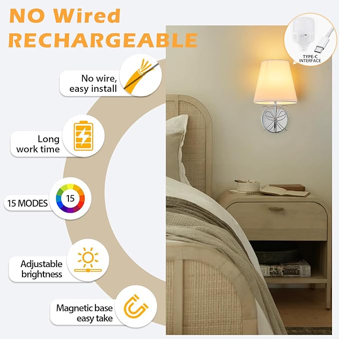 PASSICA DECOR 2 Pack Rechargeable Battery Operated Wall Sconces Set of Two, Wireless Cordless Wall Lights with Remote Control, Dimmable LED Lights, 3 Modes & 12 RGB Colors for Bedroom, Hallway, Stairs