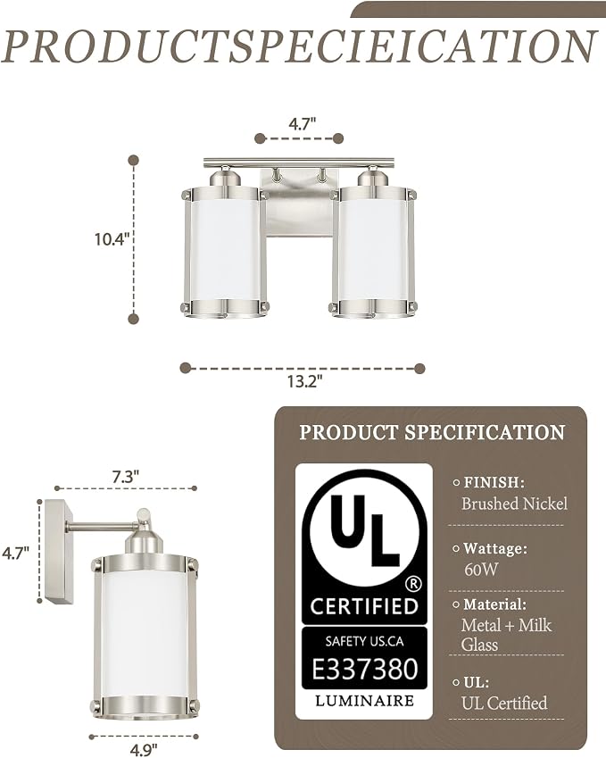 2-Light Brushed Nickel Bathroom Light Fixtures with Milk White Frosted Glass, 13.2" UL-Listed Modern Wall Sconce Over Mirror with Metal Cage for Bath, Hardwire E26, OS-3014BNW-2W