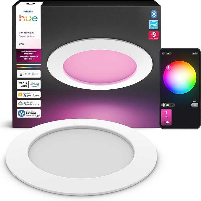 Philips Hue Slim Downlight, Recessed LED Ceiling Light, 1-Pack, White | 6-Inch, Canless Design, Full-Spectrum Daylight 1000K-20000K, 1200 Lumens, Ultra-Low Dimming, Precise Color, Smart Lighting