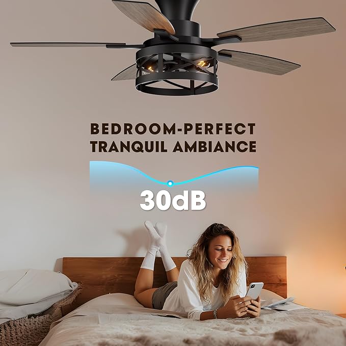 42 Inch Flush Mount Ceiling Fans with Lights and Remote Control, Low Profile Farmhouse Ceiling Fan for Bedroom Living Room and Patio, Black Caged Ceiling Fan for Indoor and Outdoor