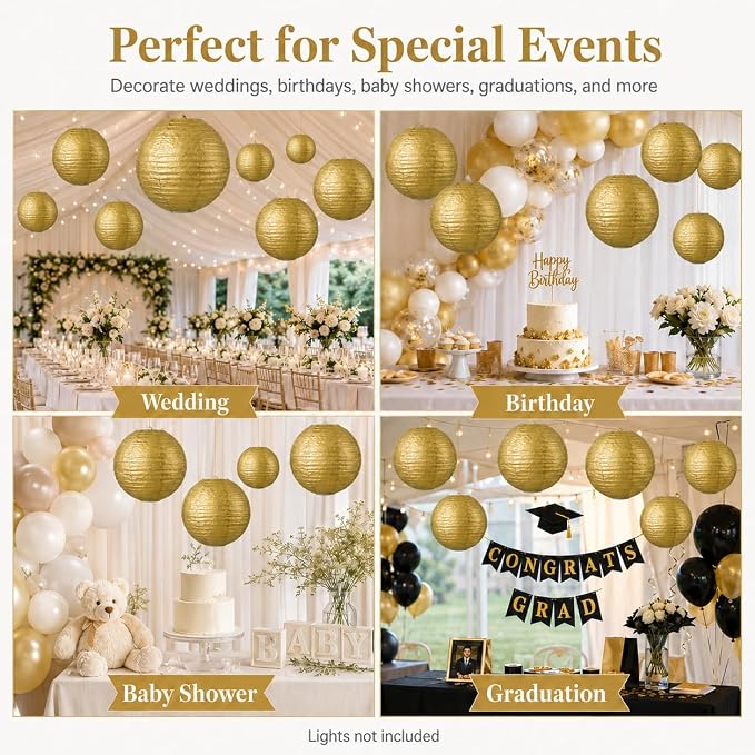 LIHAO 10 Pack Gold Paper Lanterns, 6/8/10/12 Inch, Graduation Party Decor | Chinese Lantern, Ceiling Hanging Decor, Birthday & Wedding Decorations