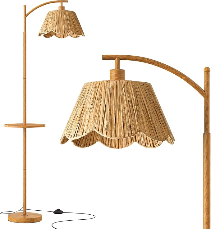 63.5" Floor Lamp with Table for Living Room, Boho Rattan Standing Lamps with Foot Switch, Farmhouse Floor Lamp for Bedroom, Arc Tall Lamp with Metal Base&Pole, Bulb not Included, Woodgrain